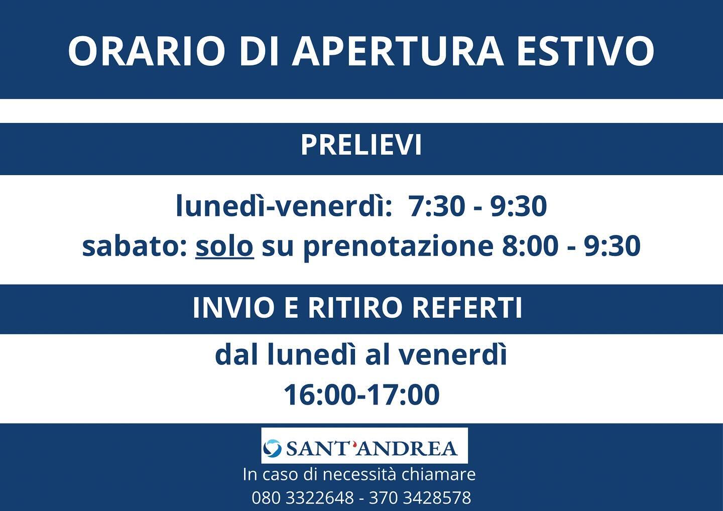 Il Laboratorio Analisi Sant’Andrea informa che per tutta l’estate gli orari di apertura subiranno delle